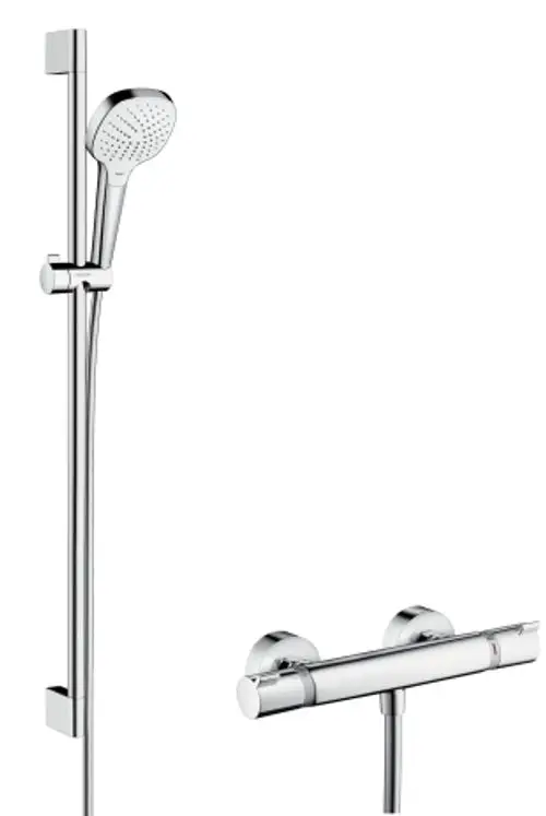 Brausesystem mit Handbrause, Brausestange und Thermostat von Hansgrohe. Chromoberfläche, montiert an der Wand, bietet eine Funktion zur Temperaturregelung.